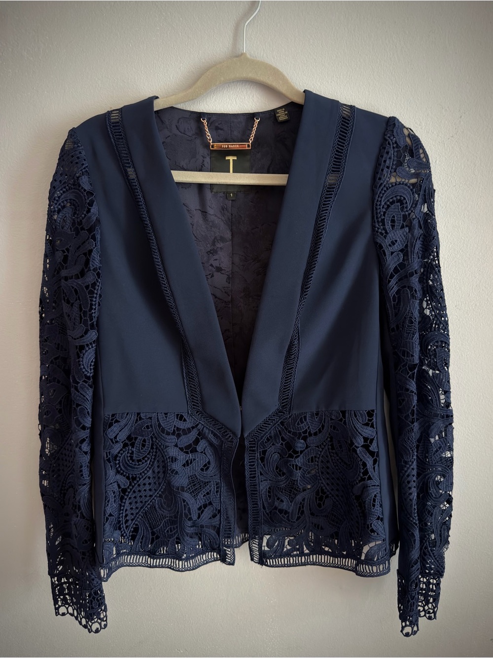 Ted Baker London Navy Blue Lace Blazer Jacket Size 1 XS Guipure Floral Elegant